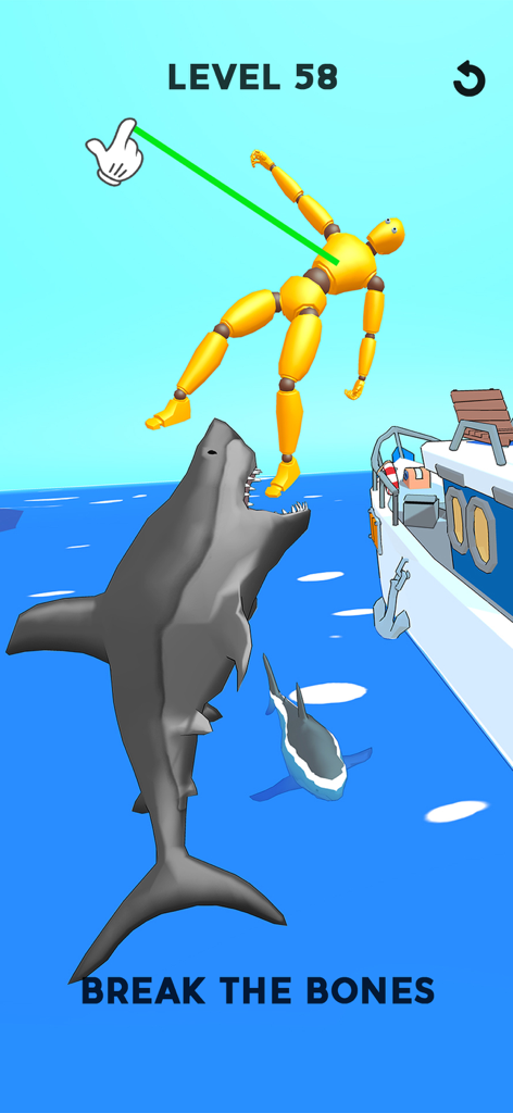 Un personnage ragdoll jaune tombant dans la gueule d'un requin dans un jeu mobile basé sur la physique