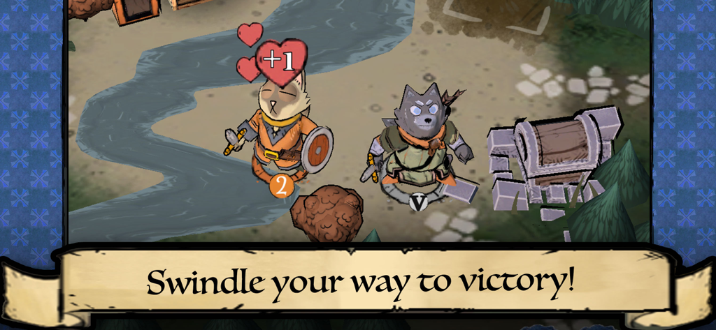 Root Board Game - Deux personnages animaux sylvestres se tenant près d'une rivière et d'un coffre au trésor dans le Jeu de Société Root