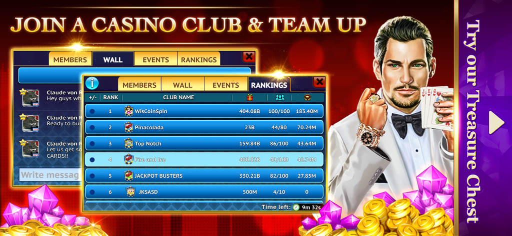 Casino club rankings and social wall leaderboard in Double Win Vegas Slots
