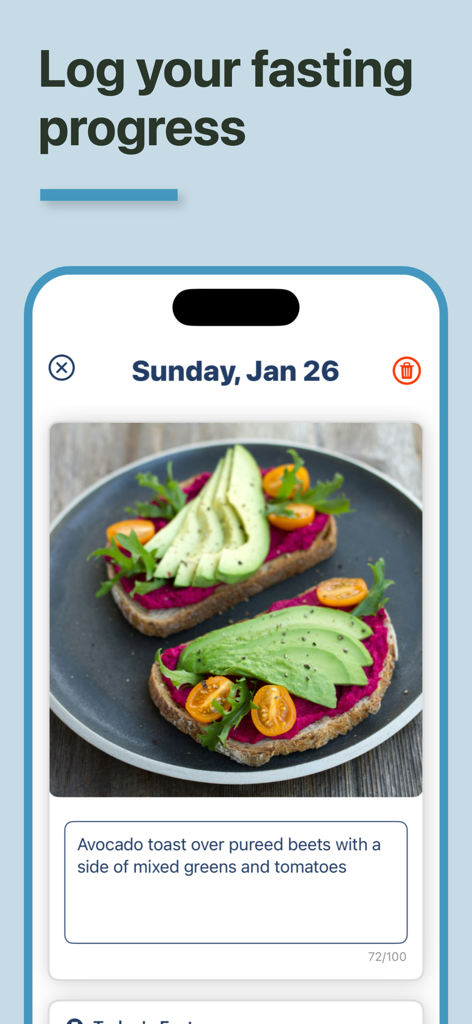 A screenshot of the OMAD Snap app showing a fasting progress log with a photo of avocado toast and a text description