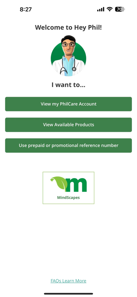 Welcome page of the HeyPhil 2.0 mobile app with navigation buttons for PhilCare accounts and products