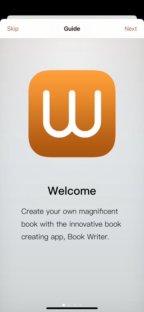 Book Writer - Pantalla de bienvenida de la aplicación Book Writer mostrando su ícono naranja y texto introductorio para crear libros