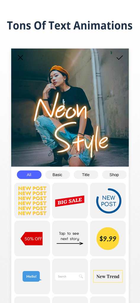 Inspac: Insta Story & Planner - Inspac app interface showing various animated text templates for Instagram stories including sales and new post labels
