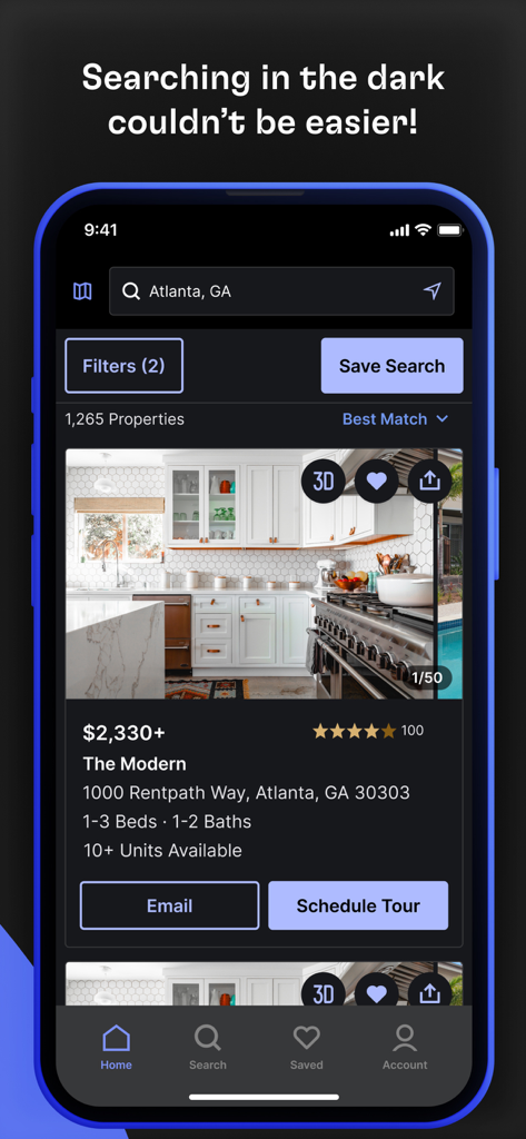 Rent. Apartments and Homes - Rent app interface in dark mode displaying an apartment listing in Atlanta Georgia