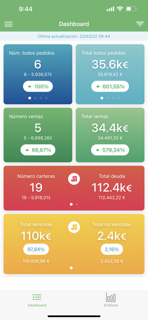 Dashboard showing sales and customer debt metrics in Orion Data Analyzer