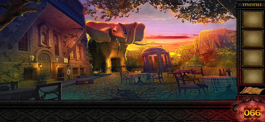 Gameplay screenshot of Room Escape Cost of Jealousy featuring a large elephant statue in an outdoor courtyard during sunset.