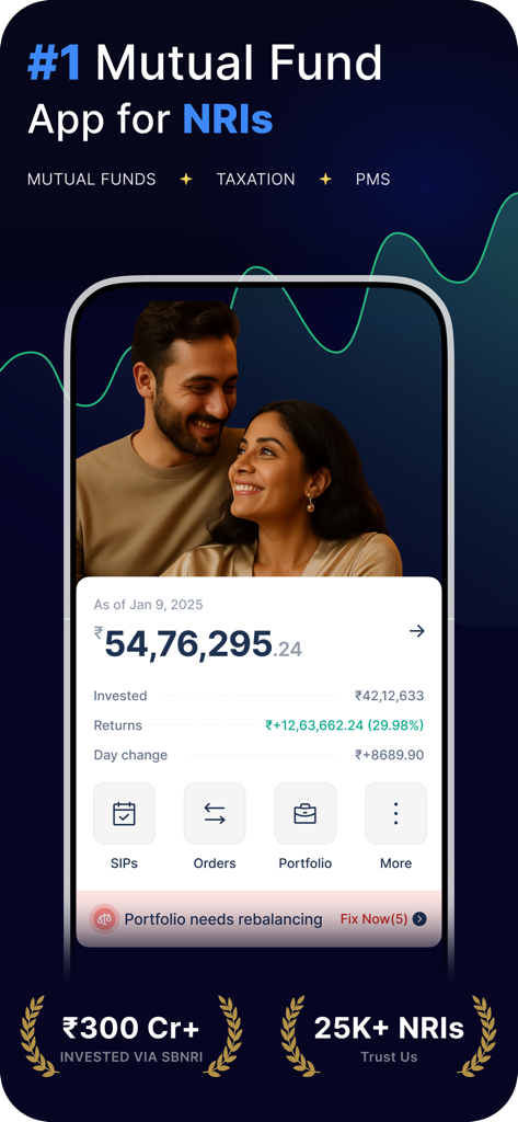 SBNRI: NRI Mutual Fund & SIPs - SBNRI app dashboard showing investment portfolio and returns for NRIs