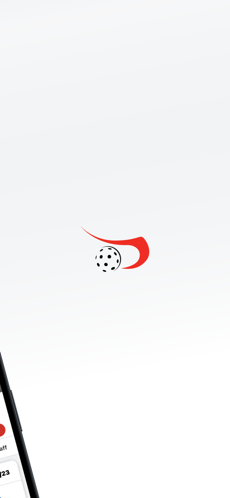 swiss unihockey hub - The splash screen of the swiss unihockey hub app featuring a floorball and red swoosh logo on a white background