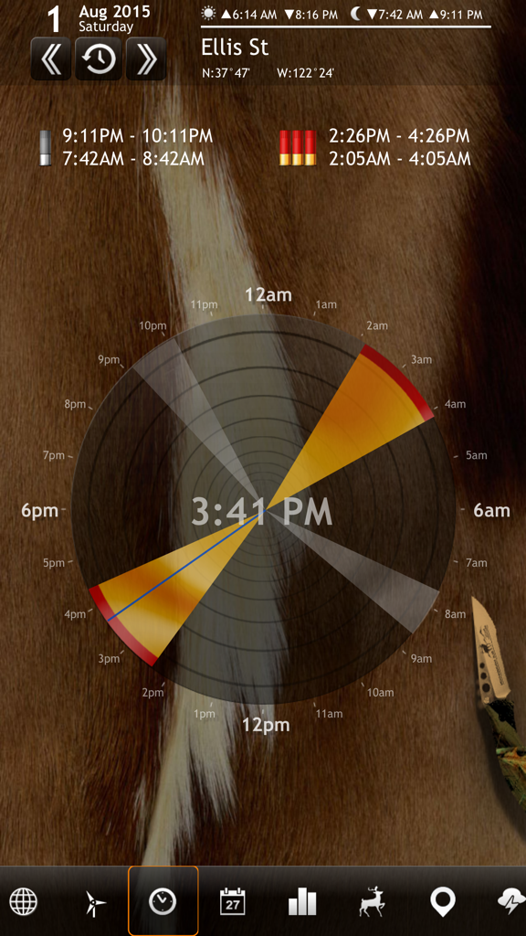 Solunar Calendar - Best Hunting Times and Feeding - Visual animal activity chart showing best hunting times on a circular clock interface within the app