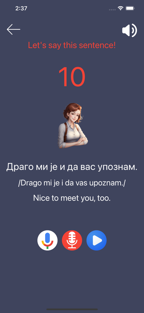 Interface do aplicativo Learn Serbian Premium mostrando um exercício de pronúncia para a frase Prazer em conhecê-lo também