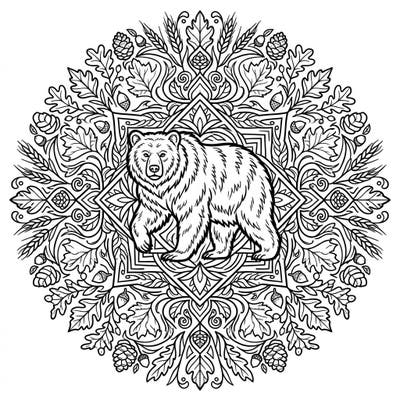 Immerse yourself in the beauty of autumn with this stunning coloring page featuring a majestic bear at the heart of an intricate mandala. Adorned with falling leaves, acorns, and harvest elements, it offers a deeply satisfying and creative coloring experience.