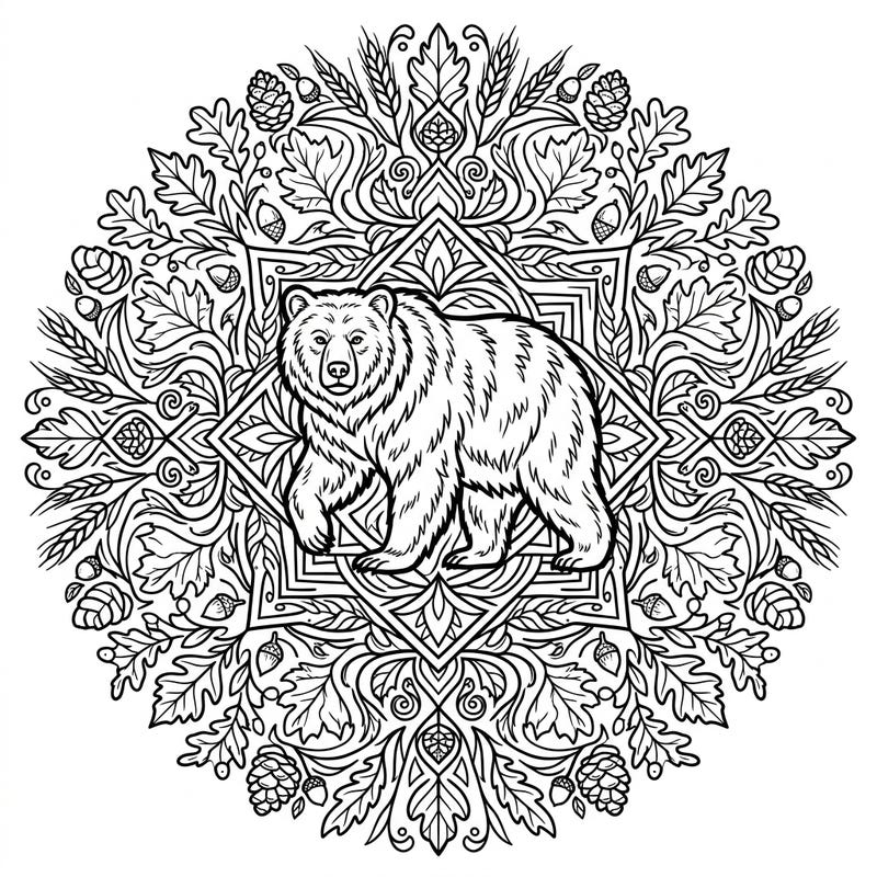 Immerse yourself in the beauty of autumn with this stunning coloring page featuring a majestic bear at the heart of an intricate mandala. Adorned with falling leaves, acorns, and harvest elements, it offers a deeply satisfying and creative coloring experience.