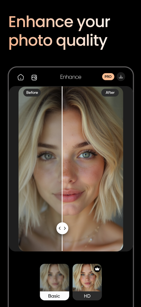 PhotoTune: AI Photo Enhancer - Comparación del antes y después de un retrato mejorado de borroso a alta definición usando IA