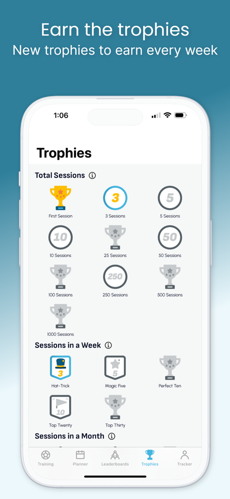 247 Football: Soccer Academy - A mobile interface showing various earned and locked trophies for completing soccer training sessions