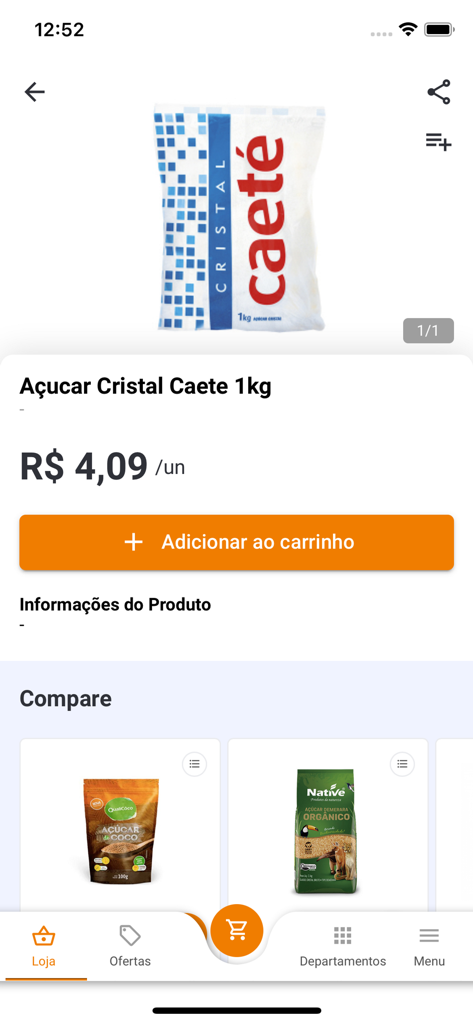 Mobile screen showing crystal sugar product details and price on the Supermercado Pinheiro app
