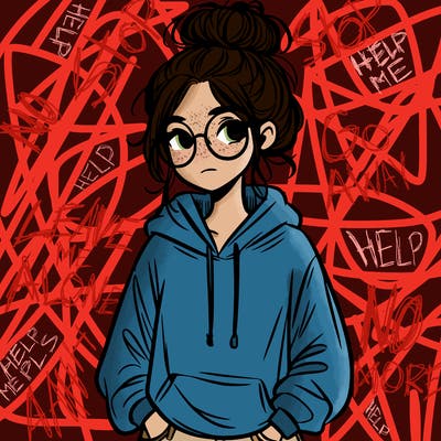 teen girl with a messy bun and glasses wearing a loose hoodie and jeans