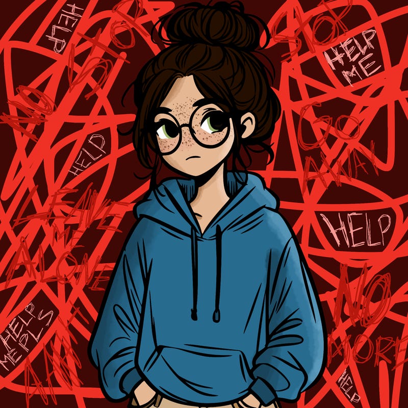 teen girl with a messy bun and glasses wearing a loose hoodie and jeans