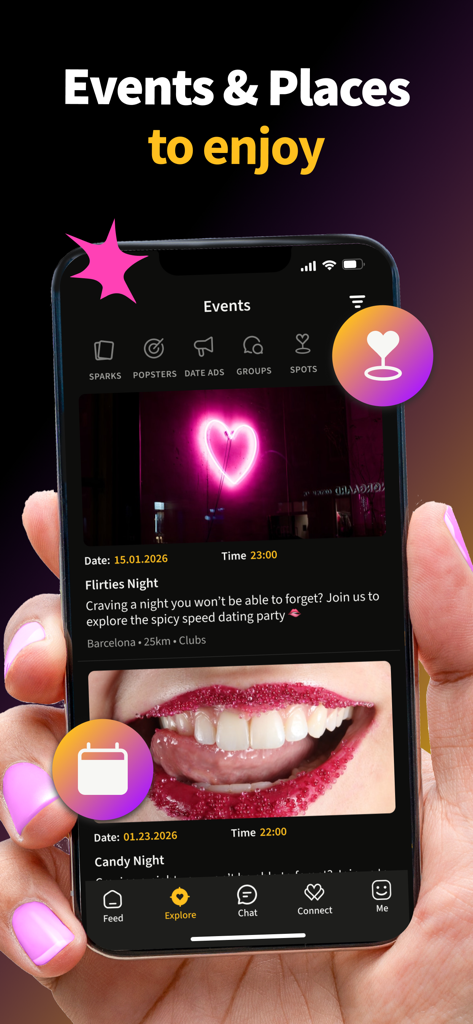 POPCORN: Date, Flirt, Connect - POPCORNデーティングアプリのイベントと場所のセクションが表示され、地元のスパイシーなスピードデーティングパーティーが紹介されているスマートフォン。