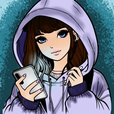realistic girl with oversized hood and holding a phone