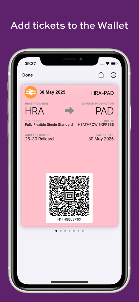 Digital Heathrow Express train ticket on a smartphone screen with a QR code and travel details