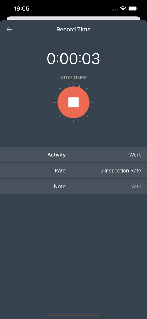 The time tracking interface in the Inspect Point app showing a running timer for a fire inspection activity.