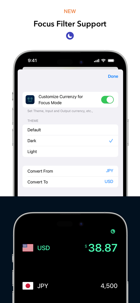 Interfaccia che mostra il supporto per Filtro Full immersion per personalizzare le impostazioni di conversione della valuta su un iPhone