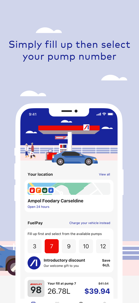 Ampol - Ampol app interface showing FuelPay pump selection and a 6 cent per litre introductory discount