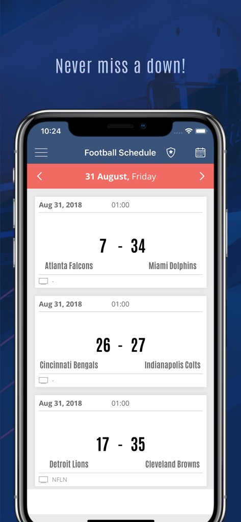 Pantalla de aplicación móvil que muestra los resultados de partidos de la NFL para varios equipos
