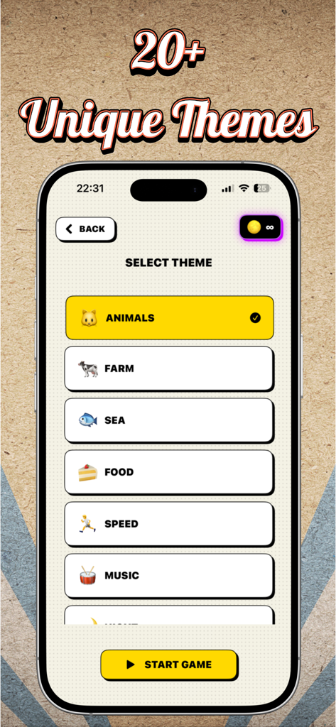 Theme selection screen in Say The Word Game showing categories like animals farm sea and food