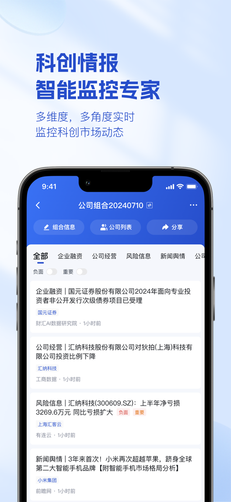 烯牛数据 - Screenshot of the Rhino Data app displaying a real-time monitoring feed for science and technology market intelligence and financial news.