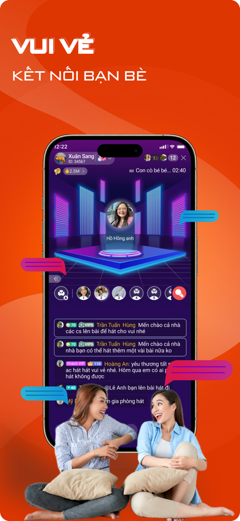 Yokara - Sing Karaoke Record - Yokara app screen displaying a social karaoke talk room for singing and chatting with friends.