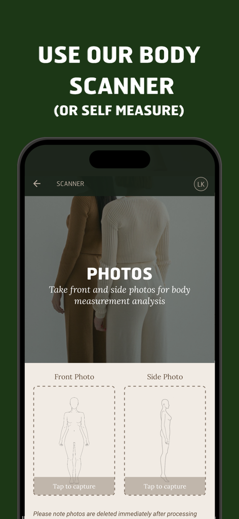 체형 측정 분석을 위해 전면 및 측면 사진을 찍으라는 지침을 보여주는 Think Shape 앱의 바디 스캐너 화면