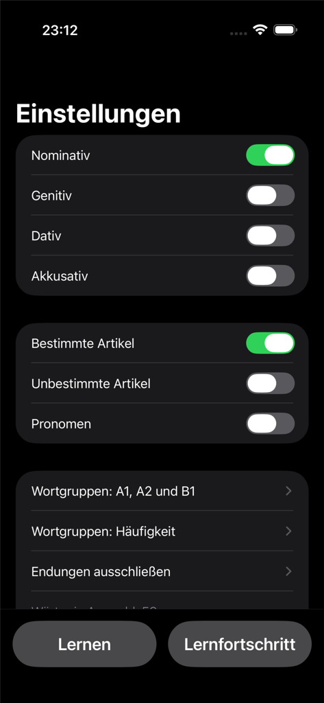 ArtikelMeister - Tela de configurações do aplicativo ArtikelMeister exibindo opções para selecionar casos alemães, tipos de artigo e níveis CEFR para prática de idiomas