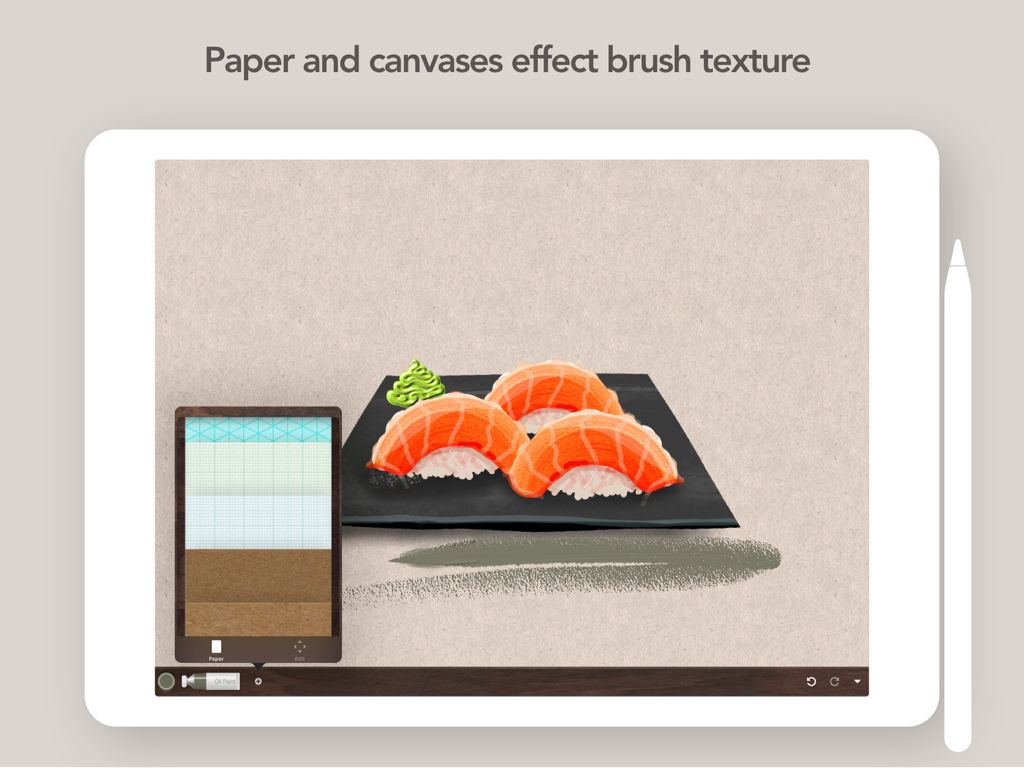 Art Set 4 - Digital sushi painting on an iPad showing various paper and canvas texture options in Art Set 4