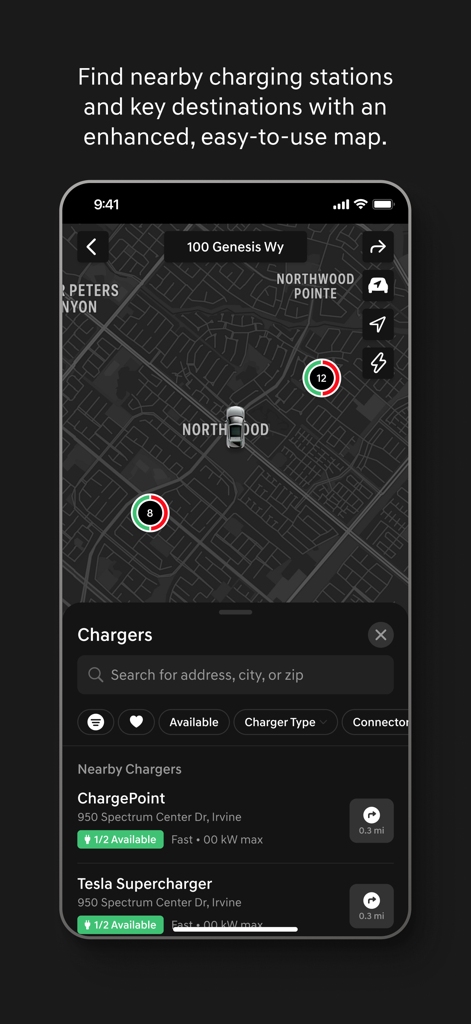 Genesis Intelligent Assistant - Genesis Intelligent Assistant map screen showing electric vehicle charging station locations and availability