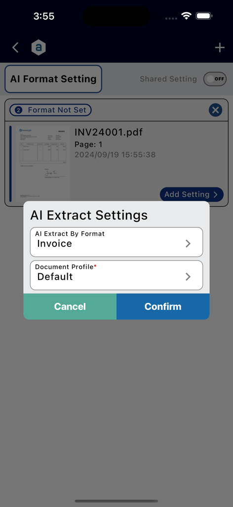 Antelope AI Capture - Antelope AI Capture app showing AI extract settings for an invoice document