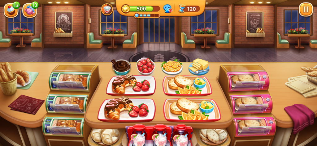 Cooking City gameplay showing a bakery kitchen with prepared breakfast plates and beverages
