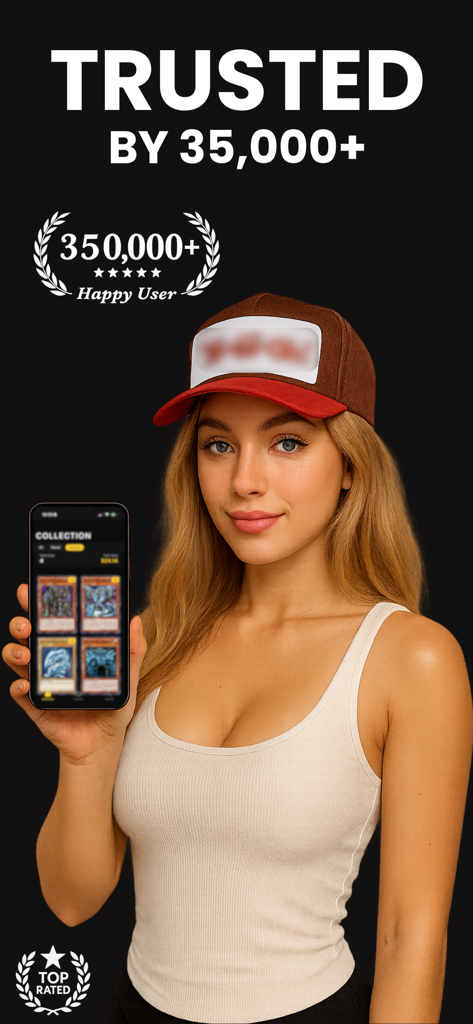 Card Value Scanner: YugiDex - A person holding a phone showing the YugiDex app collection screen with trusted user statistics