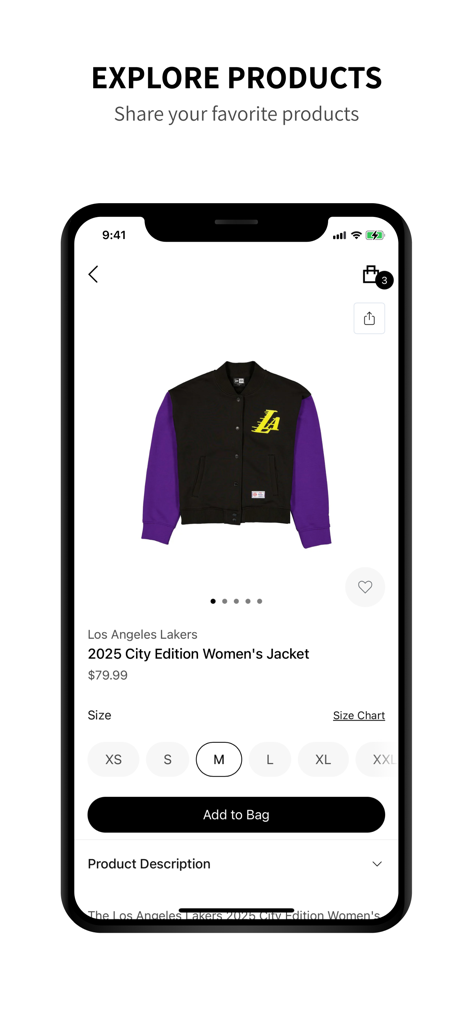 Eine Produktseite in der Shop New Era App, die eine Jacke der Los Angeles Lakers City Edition 2025 für Damen mit Preis- und Größenauswahloptionen anzeigt.