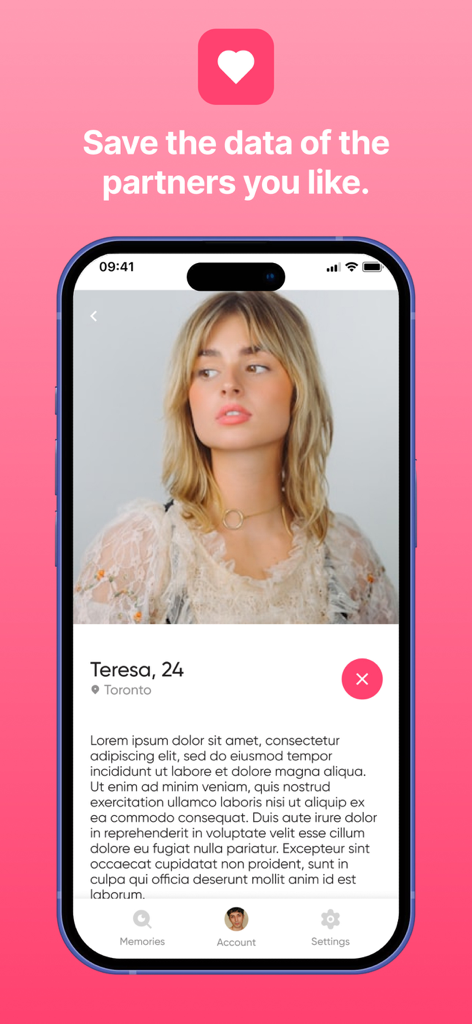 TrueLink - A mobile interface of the TrueLink app displaying a curated memory profile of a person named Teresa with options to save and organize data.