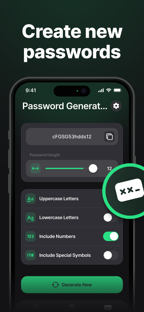 Guardient - Tela do gerador de senhas do aplicativo Guardient em um iPhone mostrando comprimento personalizável e opções de caracteres para senhas seguras
