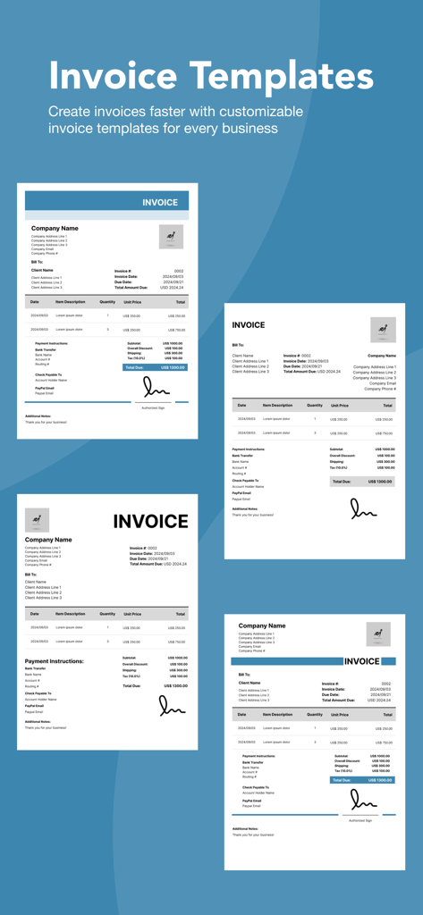 中小企業やフリーランサー向けのプロフェッショナルでカスタマイズ可能な請求書テンプレートのコレクション