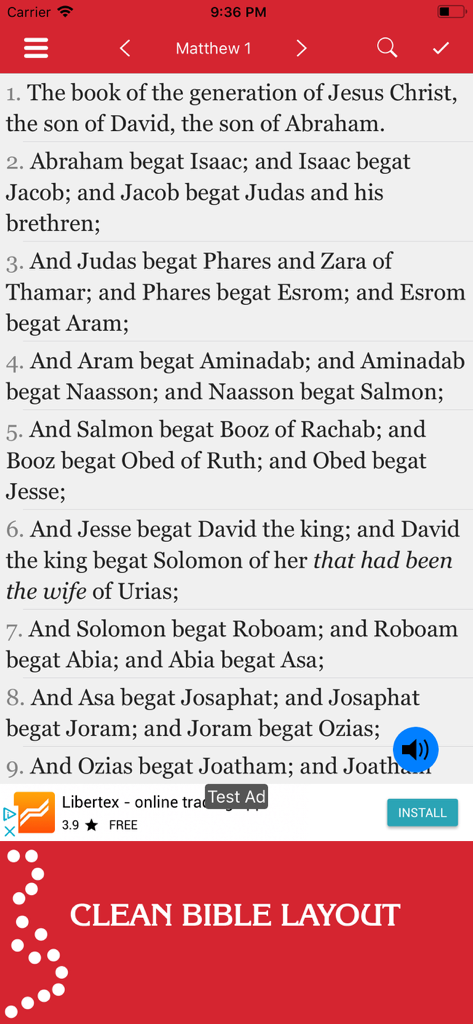 Clean reading interface of the New Testament KJV Bible app showing scripture verses