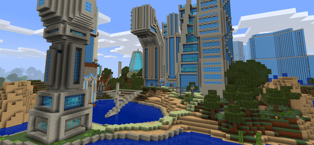 PrimalСraft 3D: Block Building - Una ciudad moderna futurista con rascacielos altos y un paseo marítimo en un juego de construcción con bloques en 3D