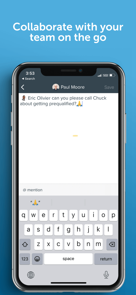 Follow Up Boss - Interfaz móvil de Follow Up Boss que muestra a un agente etiquetando a un miembro del equipo en una nota para coordinar una llamada de seguimiento al cliente.