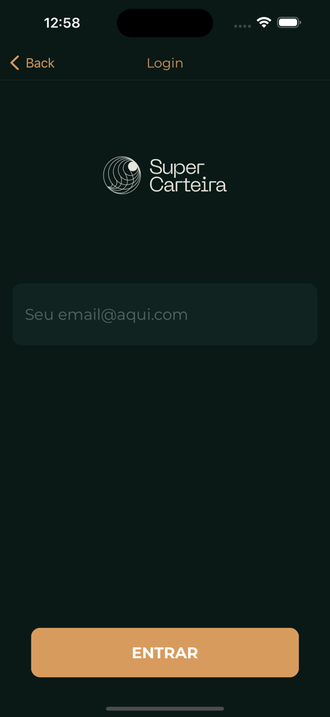 SuperCarteira - Tela de login do aplicativo financeiro SuperCarteira mostrando a entrada de e-mail e o botão entrar