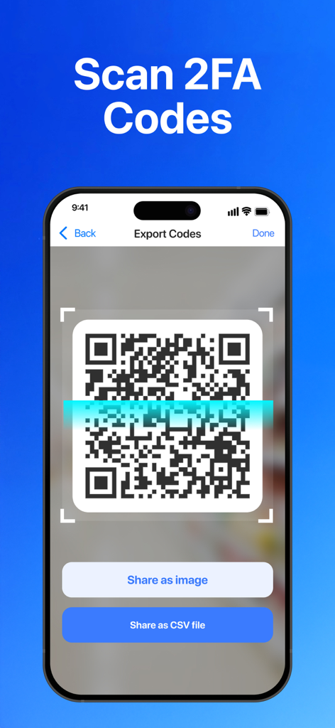 Tela de um smartphone do App Autenticador mostrando uma interface de scanner de código QR para exportar códigos de 2FA com opções de compartilhamento como imagem ou arquivo CSV.