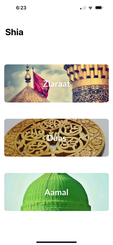 Shia App - Shia App main menu screen displaying categories for Ziaraat, Duas, and Aamal with religious imagery backgrounds.