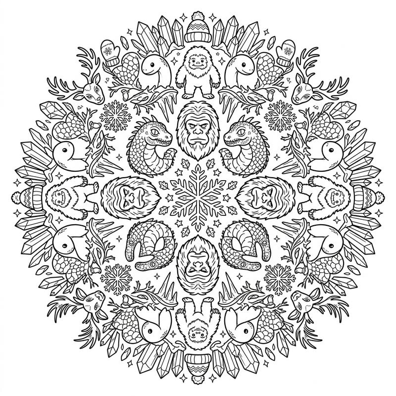 Embark on an enchanting journey with this unique Cryptid Winter Wonderland Mandala coloring page. Featuring mythical beasts like Bigfoot and dragons nestled within a symmetrical winter design, it promises hours of creative relaxation.
