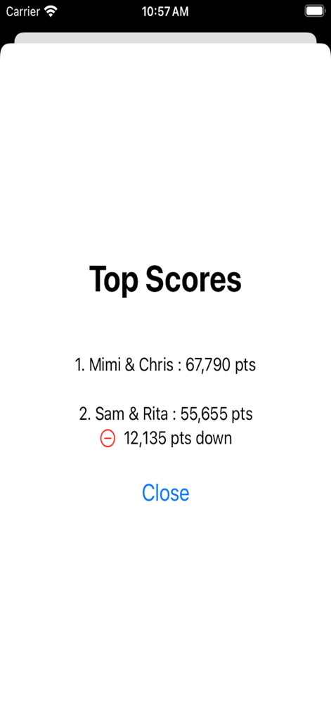 Super Samba Scoring - Tabla de clasificación de puntuaciones máximas que muestra los totales de puntos de los equipos Mimi y Chris y Sam y Rita con un cálculo de diferencia de puntos